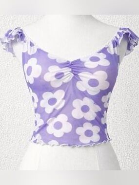 Dolls Kills Sugar Thrillz Purple Daisy Ruched Sheer Mesh Top